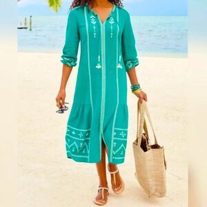 Soft Surroundings Jolie Embroidered Cotton Gauze Dress Kaftan Teal Green XS EUC